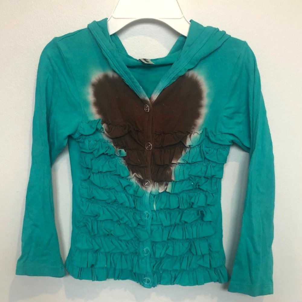 Teal Hooded Ruffled Long-sleeved T-Shirt